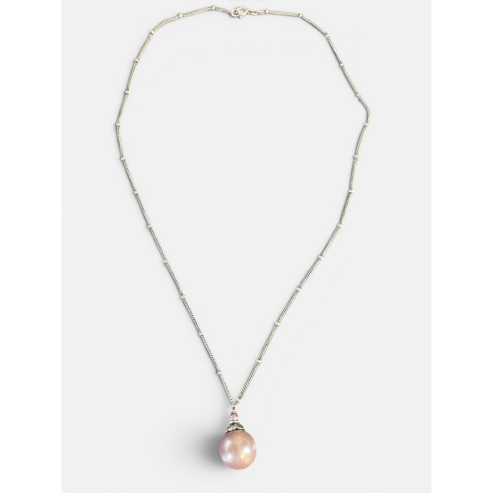 925 Sterling Silver Dainty Satellite Chain Pink Faux Pearl Pendant Necklace - Picture 2 of 7